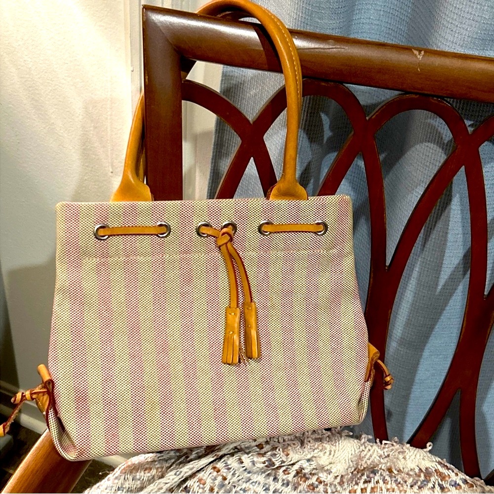 Vintage DOONEY & BOURKE STRIPED TASSEL TOTE BAG WITH LEATHER TRIM